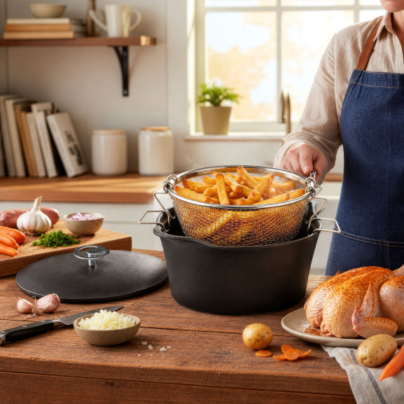 Cocotte ronde noire 24 cm avec panier cuisson pour friture et cuisson à l'eau - Volcan | Cuisinox