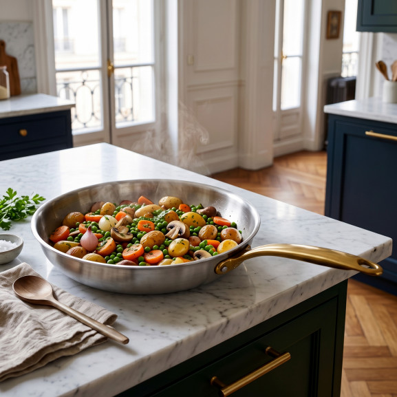 Gourmet Doré - Poêle 32 cm inox triply avec poignée laiton