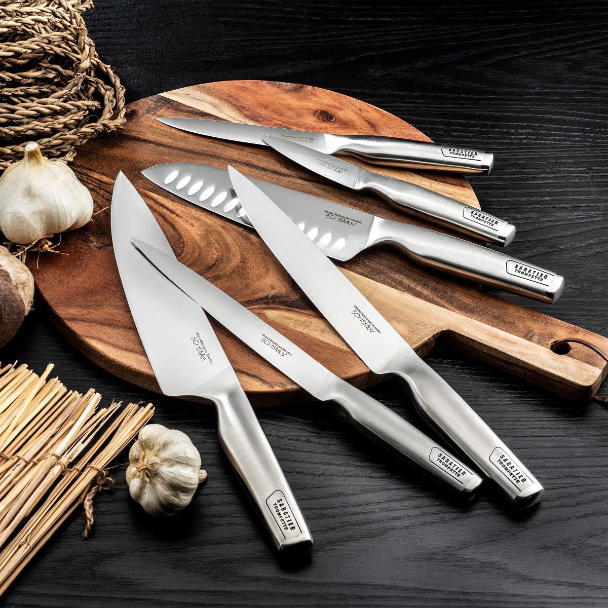 Set De 5 Couteaux De Cuisine Sabatier Trompette Origin - Acier 5Cr15MoV - Manche ABS Noir - Lame Satinée - Pour Professionnels Et Amateurs